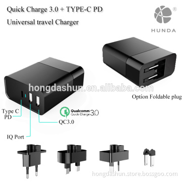 9.6A 3-Port USB QC 3.0 + Type C with PD Charger, US UK EU International Travel Adapter